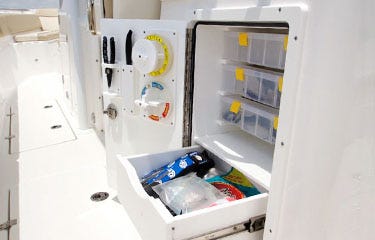 tackle box storage system with tool holder, plano tray storage, and leader holders
