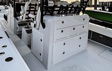 tackle box storage system inset to console of boat
