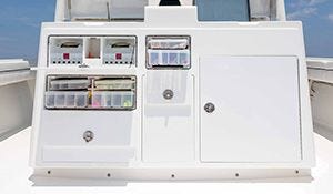  custom tackle center built into a boat for convenient storing of fishing tackle, line, and gear