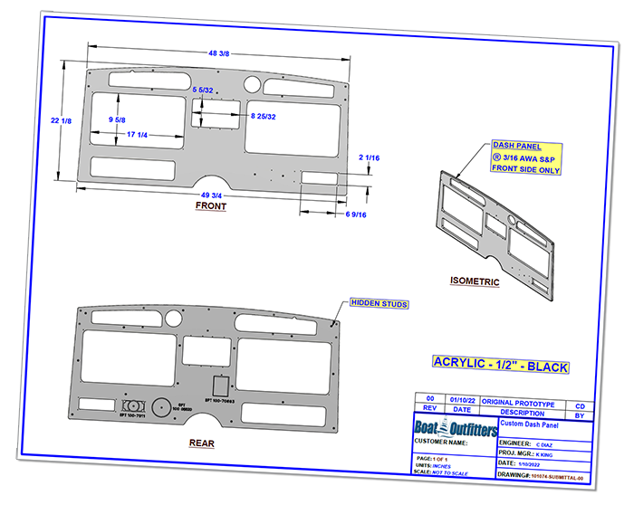 engineering drawing for custom boat dash panel