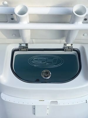 clear acrylic livewell lid engraved with SeaHunt Boats logo