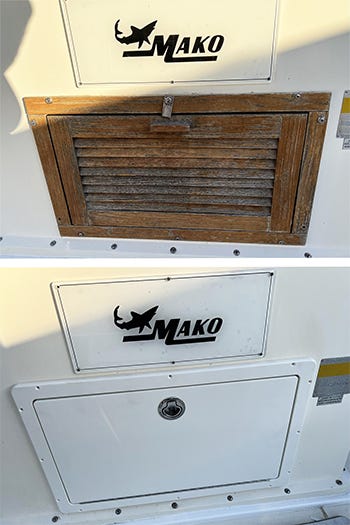 Before and after image of replacing an old teak boat access door with a new starboard door