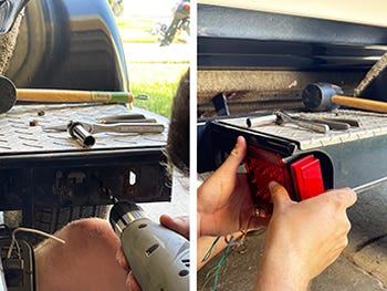 drilling new holes in trailer to install new LED lights