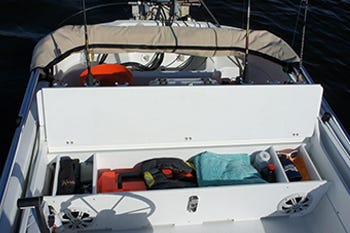 convenient bench storage on a 13ft Boston Whaler with the upgraded interior kit