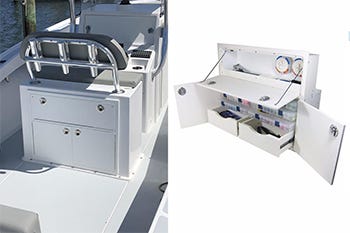 tackle box storage solution built into a boat for convenient storing of fishing gear while on the water