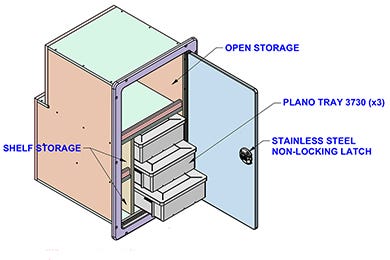 engineering drawing of a tackle box solution for a cutout on the cockpit of a boat