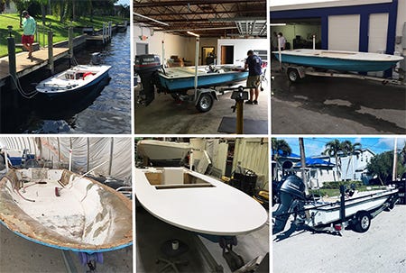 photo collage of boat rebuilding project on a Super Skiff