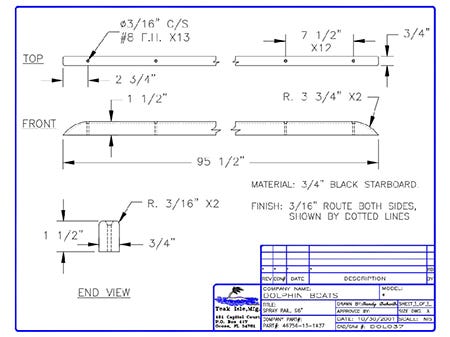 engineering drawing of spray rails for a Dolphin Skiff Boat