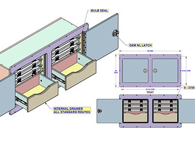 engineering drawing of a custom tackle box for a 26 Regulator