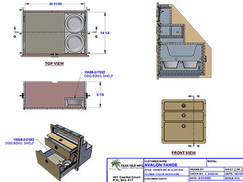 production drawing of custom drawer unit for Avalon-Tahoe Pontoon