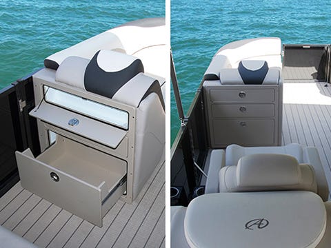 innovative pontoon storage solution built into the back of the front backrest of the pontoon