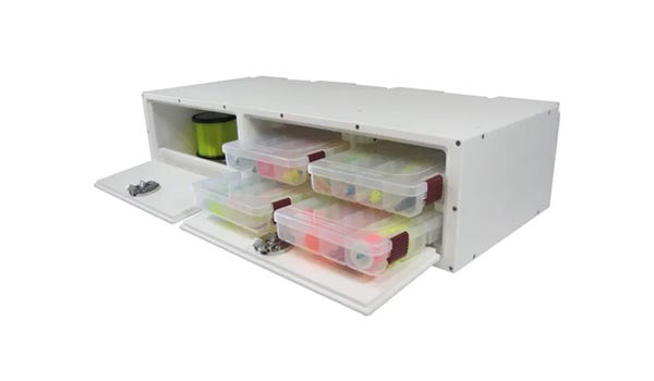 leaning post tackle box storage unit holding tackle trays, and fishing line. Also has open space for storage of larger fishing and boating accessories.